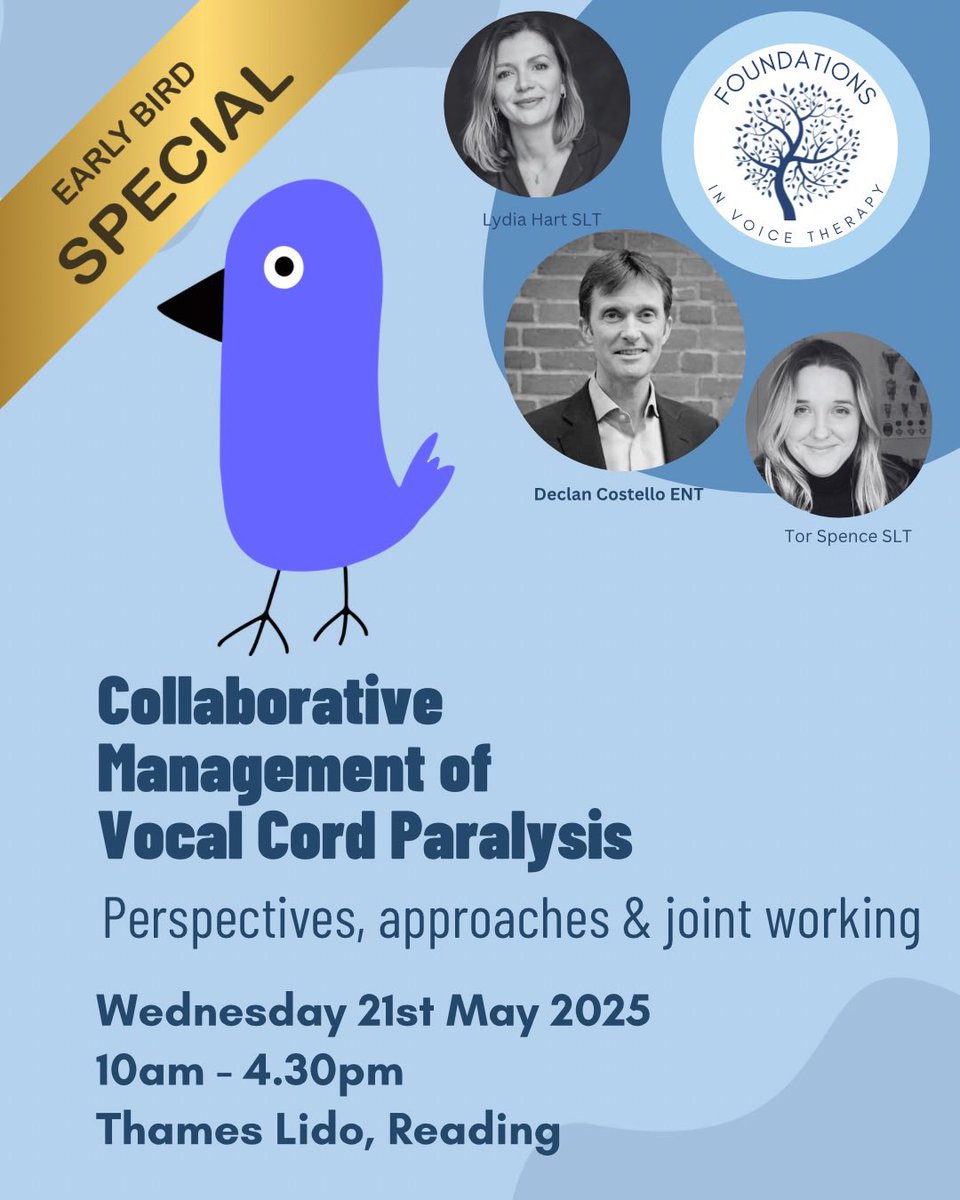 Tor Spence SLT 💙 (@voicefituk) on Twitter photo Last few days to get the early bird rate 🐦
Until 31st March 🙌
Collaborative Management of Vocal Cord Paralysis: Perspectives, approaches and joint ENT/SLT working
21st May 10-4.30
At the Thames Lido
<a href="/LydiaHartVoice/">Lydia Hart</a>
<a href="/Voicedoctor_uk/">Declan Costello</a>
🎫 eventbrite.co.uk/e/collaborativ… Last few days to get the early bird rate 🐦
Until 31st March 🙌
Collaborative Management of Vocal Cord Paralysis: Perspectives, approaches and joint ENT/SLT working
21st May 10-4.30
At the Thames Lido
<a href="/LydiaHartVoice/">Lydia Hart</a>
<a href="/Voicedoctor_uk/">Declan Costello</a>
🎫 eventbrite.co.uk/e/collaborativ…
