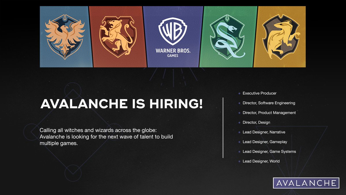 A few more jobs have gone up! Come join our team of passionate witches and wizards working on multiple games.

Learn more about the positions on our site: avalanchesoftware.com/en/careers#ope…