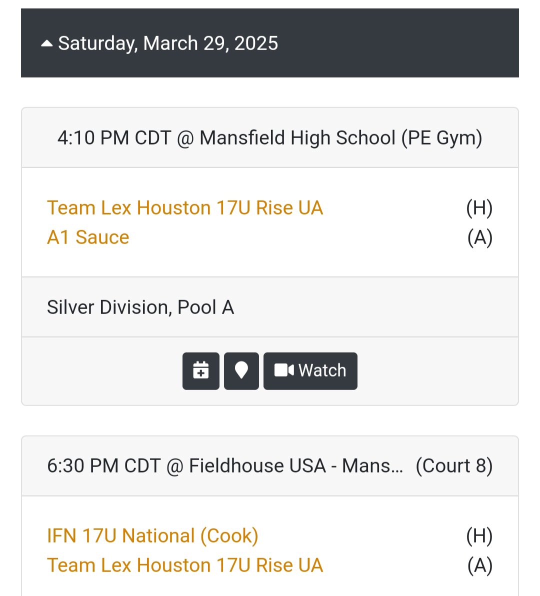 My schedule for The Prime Event tournament in Mansfield, Texas!