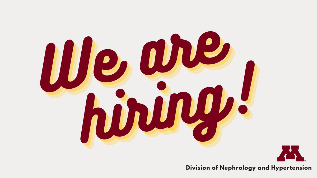 UMN Division of Nephrology & Hypertension (@umnkidney) on Twitter photo 🚨 We're Hiring! 🚨
Join our team of renowned nephrologists & researchers today! We're seeking a full-time Clinician Scholar (Assistant Prof) with a strong interest in research.
Apply: employment.umn.edu, Job ID 367332
#Nephrology <a href="/umn_dom/">UMN Medicine</a> 🚨 We're Hiring! 🚨
Join our team of renowned nephrologists & researchers today! We're seeking a full-time Clinician Scholar (Assistant Prof) with a strong interest in research.
Apply: employment.umn.edu, Job ID 367332
#Nephrology <a href="/umn_dom/">UMN Medicine</a>