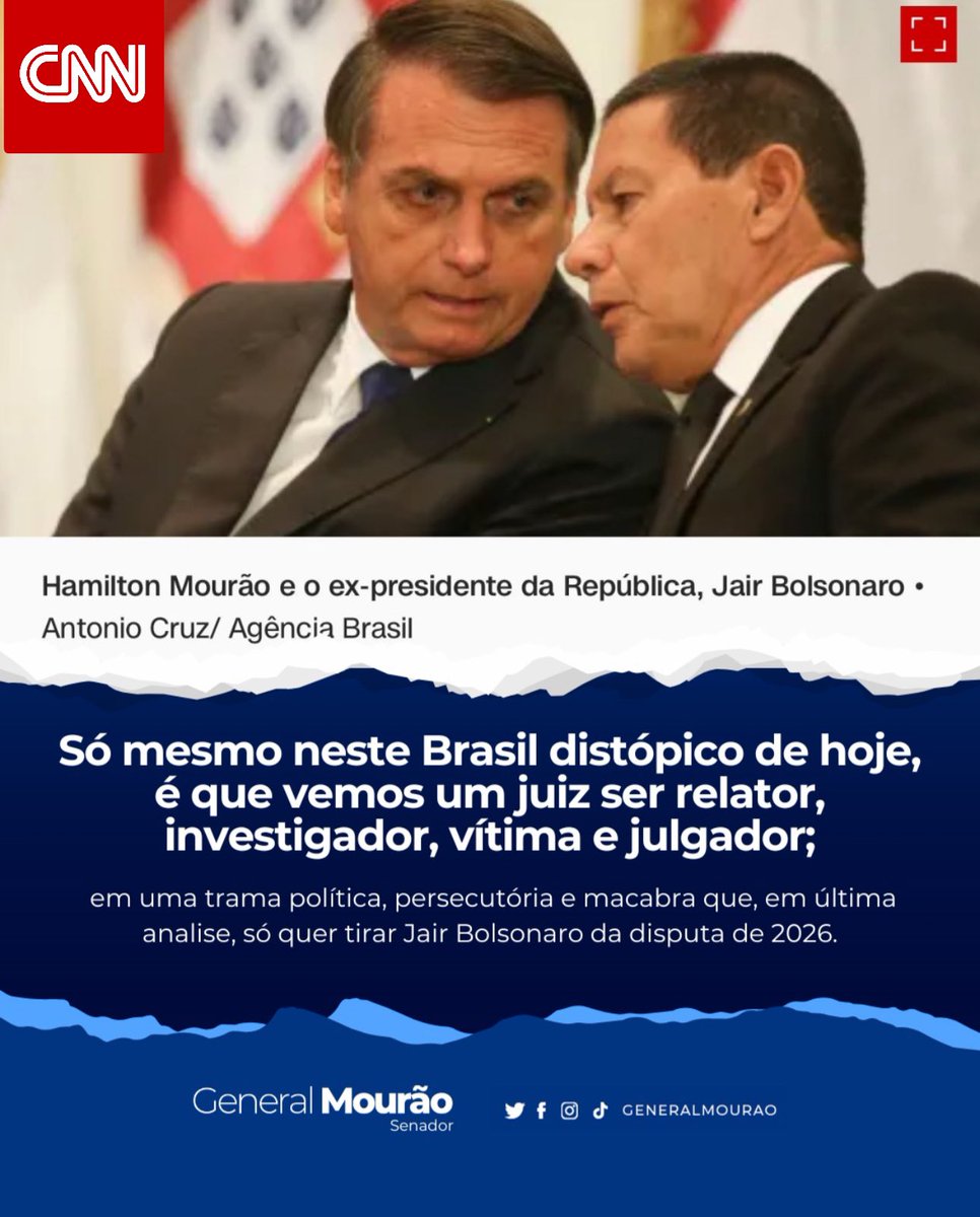 GeneralMourao's tweet photo. “Infelizmente, para o Brasil e para os brasileiros, a hipertrofia da suprema corte fere de morte a democracia, o Estado de Direito e as garantias individuais previstas na nossa Carta Magna. Assim, o resultado do julgamento de hoje na 1ª Turma do STF não nos causa espanto ou surpresa, somente tristeza e indignação.
Só mesmo neste Brasil distópico de hoje, é que vemos um juiz ser relator, investigador, vítima e julgador; em uma trama política, persecutória e macabra que, em última análise, só quer tirar Jair Bolsonaro da disputa de 2026.
Resta claro que, no rito em tela, houve flagrante desrespeito ao devido processo legal, cerceando-se o acesso ao corpo probatório e fazendo-se, da prisão do TC Cid, um verdadeiro interrogatório com requintes de tortura psicológica para obter declarações frágeis e que não merecem ser acatadas como provas contundentes.
Por fim, e sabendo-se que inexistirá instância recursal neste caso, podemos prever um final triste e perigoso pois, se o povo constatar cabalmente que a lei tem lado e a carta magna é ignorada, pois não protege a todos, não sabemos o que pode acontecer.
Nosso Brasil não merece e nem precisa ser refém de uma tirania disfarçada de deusa Têmis.”