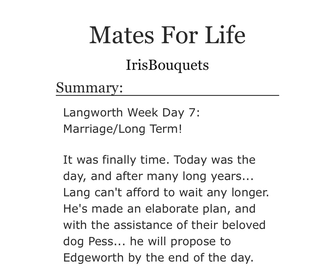 Langworth Week Day 7:
Marriage/Long Term!

Last post for Langworth Week... 
archiveofourown.org/works/64180420

#langworthweek2025 #langworthweek #langworth #roumitsu #aai