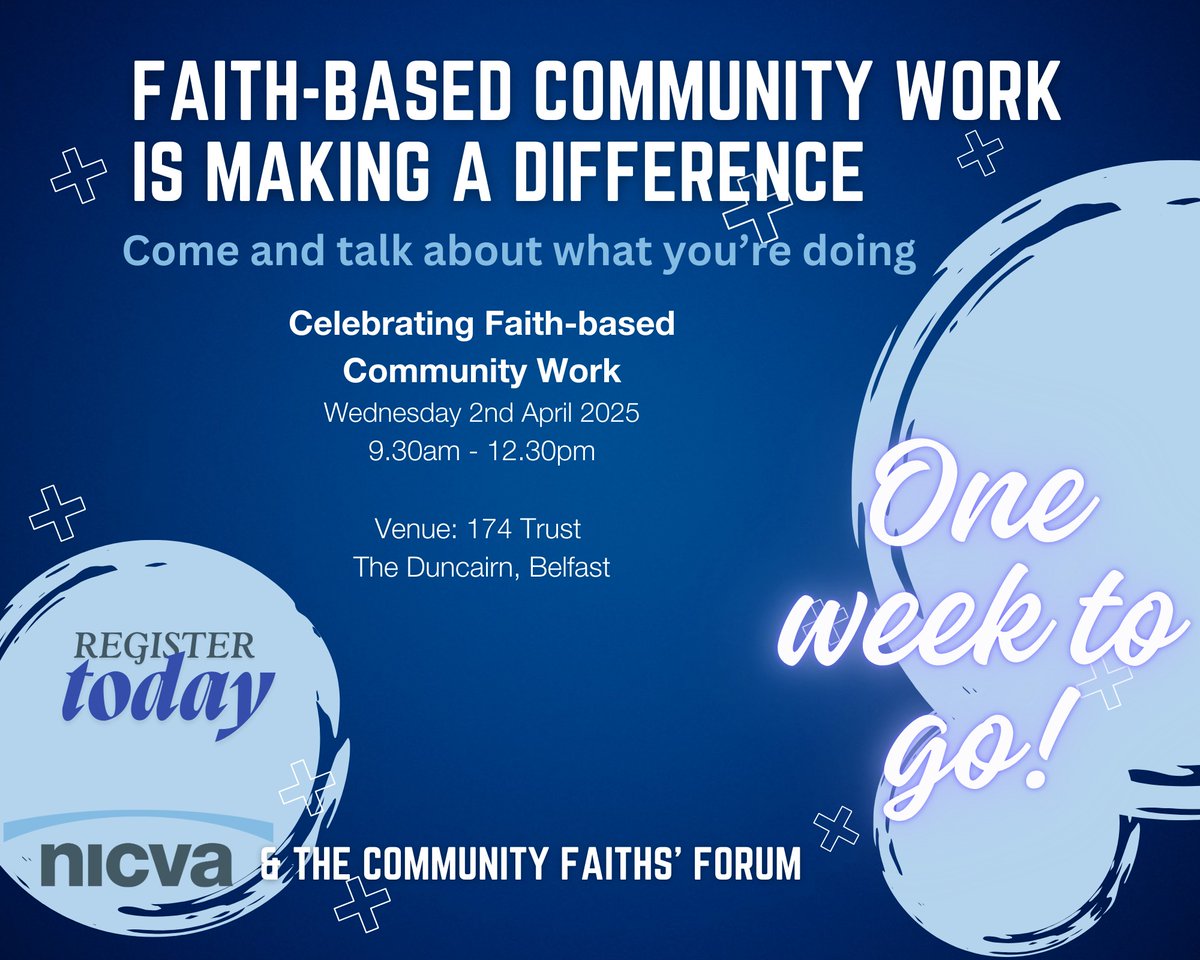 NICVA's tweet image. Join us & the Community Faiths' Forum on 2 April at 174 Trust to celebrate, connect, and explore the future of faith-based engagement in NI.
Hear inspiring stories, showcase your projects and develop connections.
Register: bit.ly/424IijM
