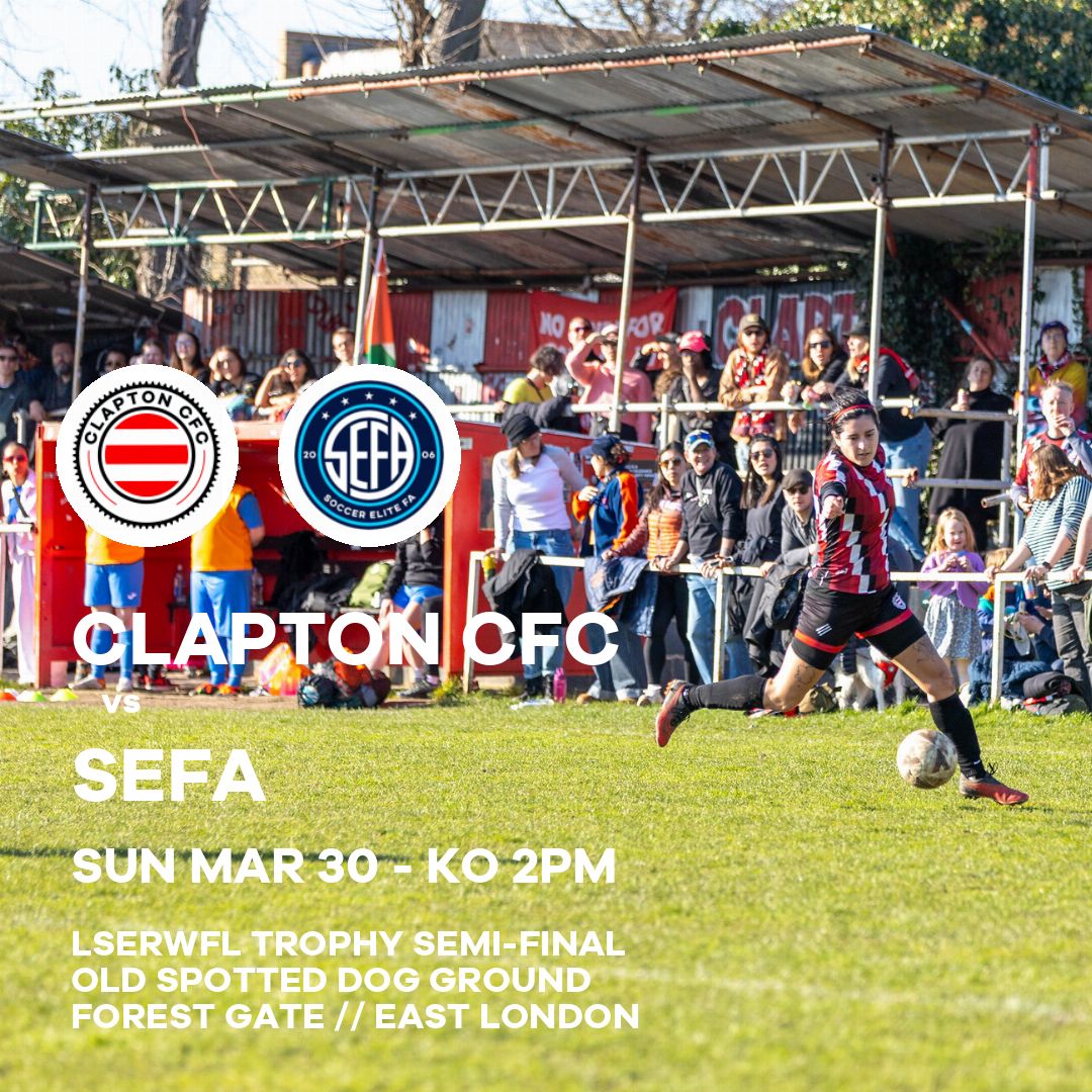 🏆 Next match 🏆 

A huuuge cup semi-final on Sunday for our Women's First Team 🔥 🔥 

📍 Old Spotted Dog Ground, E7 9NP
🚇 Forest Gate, Wanstead Park + 4 stations more nearby
🎟️ Suggested £5 entry | pay what you want concessions | free U13s
🍻 Great bar
🥙 Caribbean food