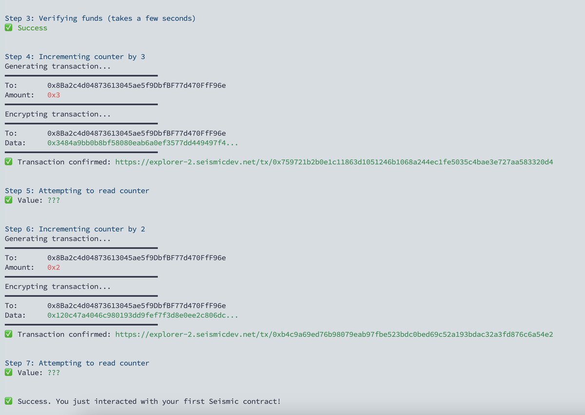 Just tried out the Seismic developer testnet <a href="/SeismicSys/">Seismic</a>  — setup was smooth, deploy &amp; encrypted contract interaction worked flawlessly. 🔐
If you're a dev into privacy-preserving smart contracts, this is something to watch.
Big shoutout to the team! <a href="/lyronctk/">Lyron</a> #SeismicDevnet
