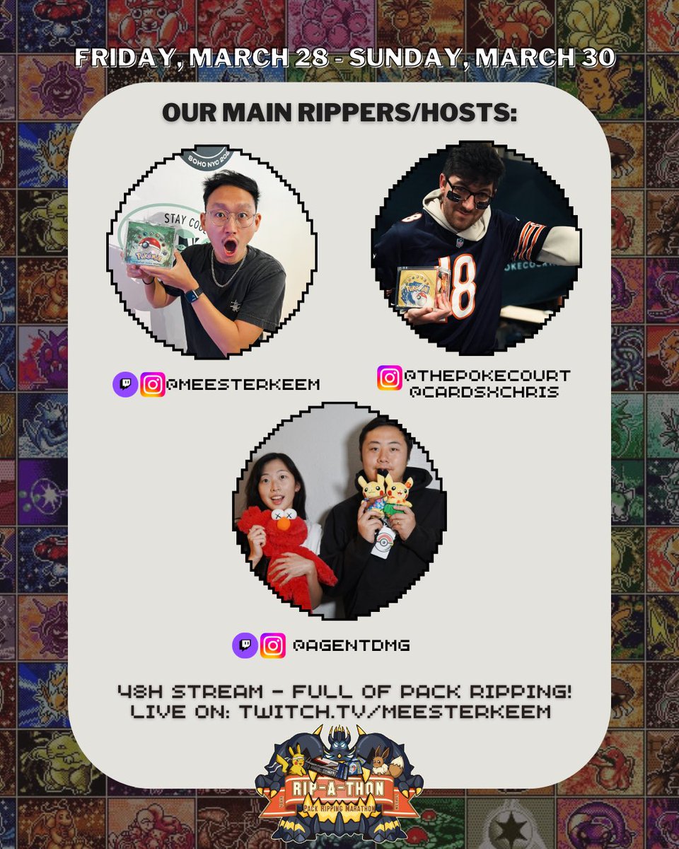 MeesterKeem's tweet photo. 🚨Meet the hosts for RIPATHON 2025. 🤝🚨I recruited some of my favs in the hobby to help host this epic weekend of ripping packs for 48hrs straight. Wish us luck! 😅

All streamed live on Twitch. Hope to see you in chat! 🫡 https://t.co/dwfz5C475p