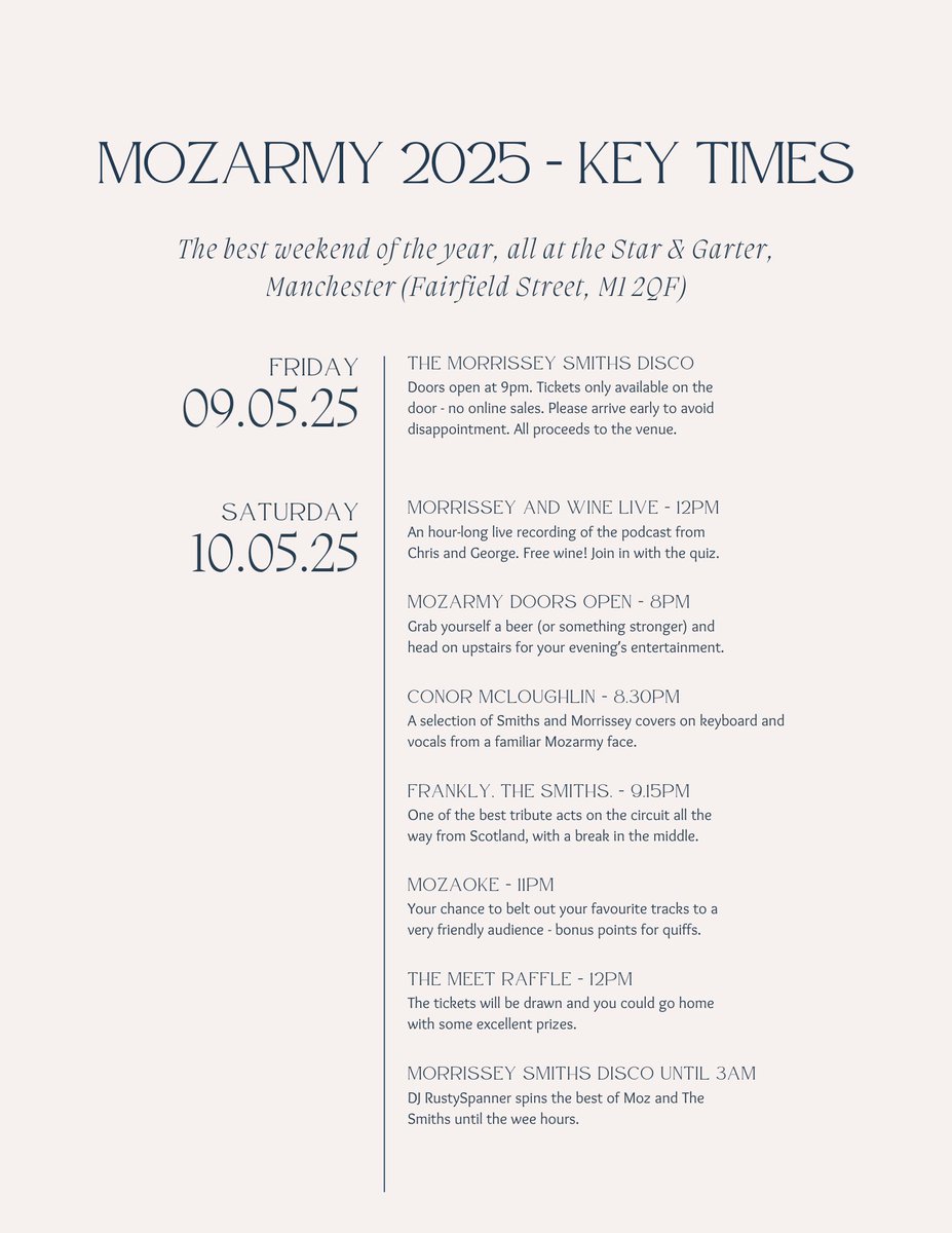 Key times for Mozarmy 2025 🎉

Live recording of the ‘Morrissey and Wine’ podcast at lunchtime, ‘Frankly, The Smiths’ playing a full set in the evening and not forgetting Mozaoke and the Meet Raffle 💖

Ticket link: wegottickets.com/event/647195/