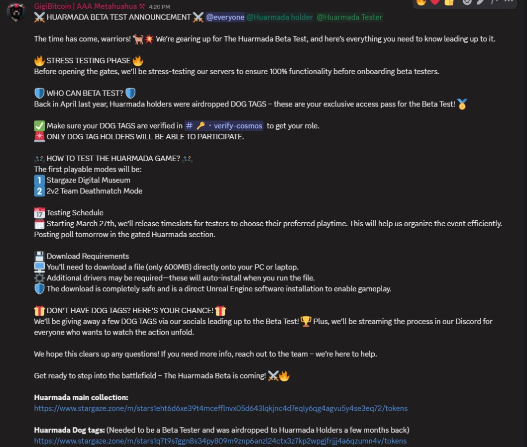 GM Huarmadas! 🦾

Just like our Huahua’s, our servers have been battle tested and we are ready to bring you in ⚔️

Schedule and timeslots will be made available in our discord starting tomorrow, reserve your spot now!

Discord link:
discord.gg/aaametahuahua

Details👇