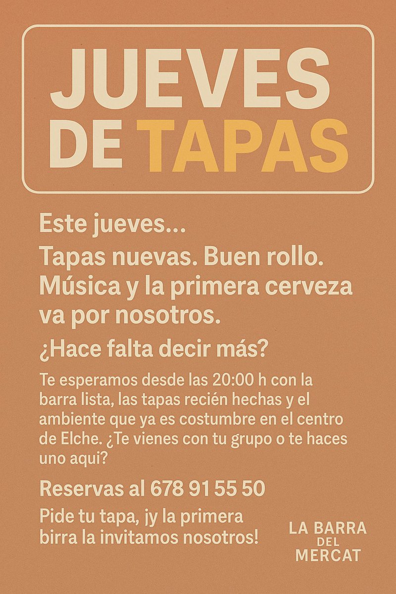 barramercat's tweet photo. ⸻

Jueves de tapas en La Barra del Mercat
Desde las 20 h: tapas nuevas y la 1ª cerveza va por cuenta de la casa.
¡Te esperamos en el centro de #Elche!
#Tapas #ElcheCentro #JuevesDeTapas #BarraDelMercat https://t.co/hdMejRG4oY