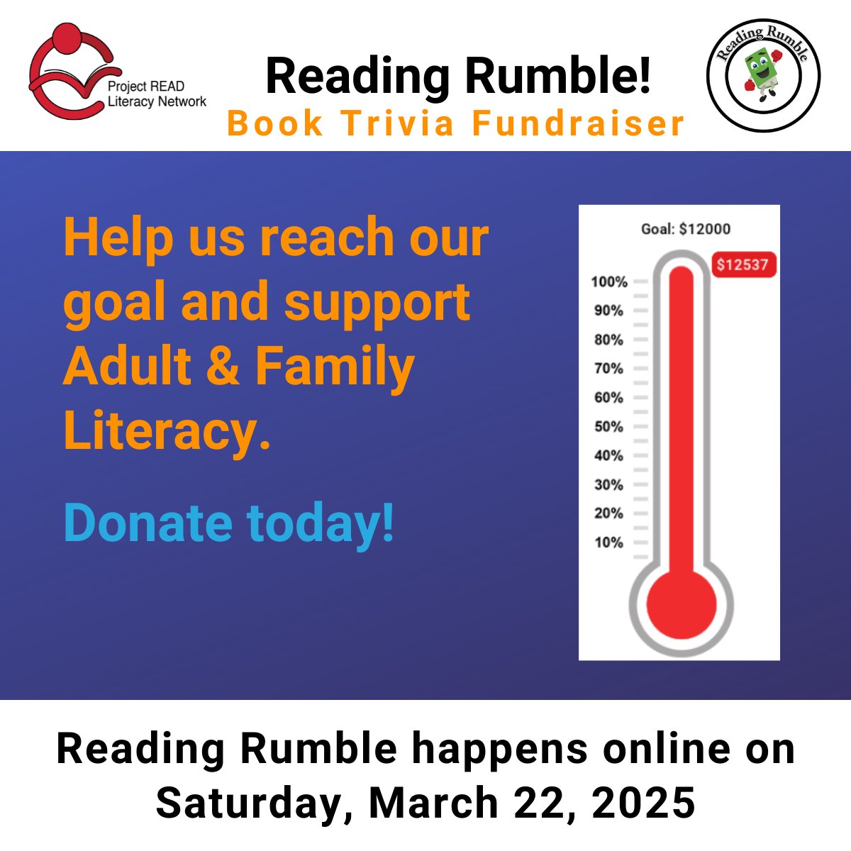 We’ve surpassed our goal, now at $12,537!

A huge THANK YOU for your incredible support! Your generosity is making a real impact on literacy in our community.
For continues support/donation: projectread.ca

#SupportLiteracy #ReadingRumble2025 #LiteracyMatters #LiteracyON