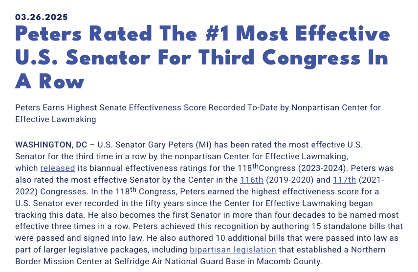 SenGaryPeters's tweet photo. NEWS: I'm honored to have been named the most effective Senator for the third time in a row by the nonpartisan Center for Effective Lawmaking.

I’ll keep working to find commonsense, bipartisan solutions and deliver results for Michiganders and Americans across our country. https://t.co/zurLVXzbES