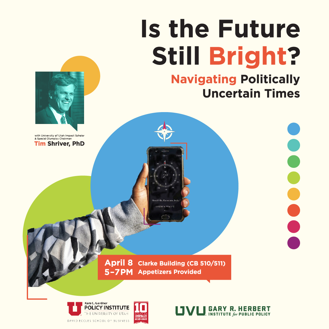 Is the future still bright?

Join us on Tuesday, April 8 at 5 PM in the Clarke Building to hear from Dr. Tim Shriver! An impact scholar with the University of Utah and Chairman of the Special Olympics, Dr. Shriver will explain how we can navigate uncertainty in politics.