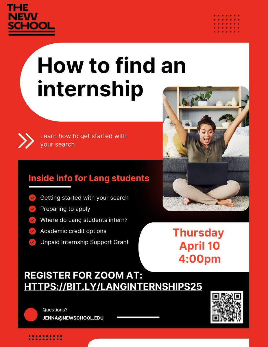 Eugene Lang College (@eugenelang) on Twitter photo All students are welcome to join Lang's workshop about how to find an internship! 🧑💼
📅 April 11 @ 4PM EDT All students are welcome to join Lang's workshop about how to find an internship! 🧑💼
📅 April 11 @ 4PM EDT