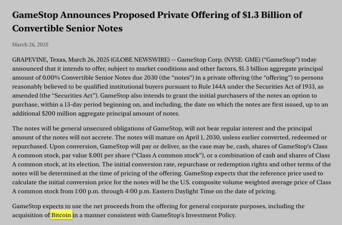 SimplyBitcoin's tweet photo. JUST IN: GameStop to offer $1.3B in 0.00% Convertible Senior Notes due 2030 in a private offering.

Proceeds will go toward general corporate purposes, including acquiring #Bitcoin! 👏 https://t.co/fqiqPtfYxn