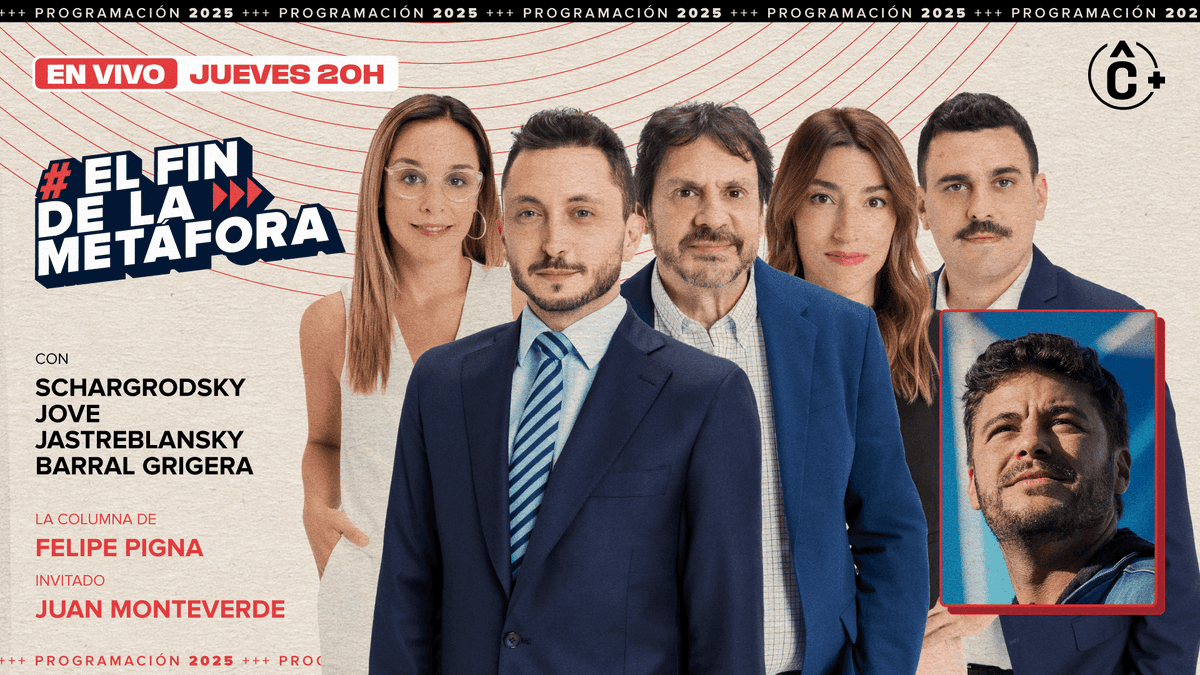 Cenital (@cenitalcom) on Twitter photo JUEVES 20HS | Un nuevo programa de #ElFinDeLaMetáfora con <a href="/ischargro/">Iván Schargrodsky</a>, <a href="/nbg__/">Noe Barral Grigera</a>, <a href="/manujove/">Manu Jove</a> y <a href="/maiajastre/">Maia Jastreblansky</a>.
Con la columna de <a href="/FelipePigna/">Felipe Pigna</a> y la participación de <a href="/juanmonteverde/">Juan Monteverde</a> como invitado.
Miralo en vivo por C+: youtube.com/live/XD7FF75Bn… JUEVES 20HS | Un nuevo programa de #ElFinDeLaMetáfora con <a href="/ischargro/">Iván Schargrodsky</a>, <a href="/nbg__/">Noe Barral Grigera</a>, <a href="/manujove/">Manu Jove</a> y <a href="/maiajastre/">Maia Jastreblansky</a>.
Con la columna de <a href="/FelipePigna/">Felipe Pigna</a> y la participación de <a href="/juanmonteverde/">Juan Monteverde</a> como invitado.
Miralo en vivo por C+: youtube.com/live/XD7FF75Bn…