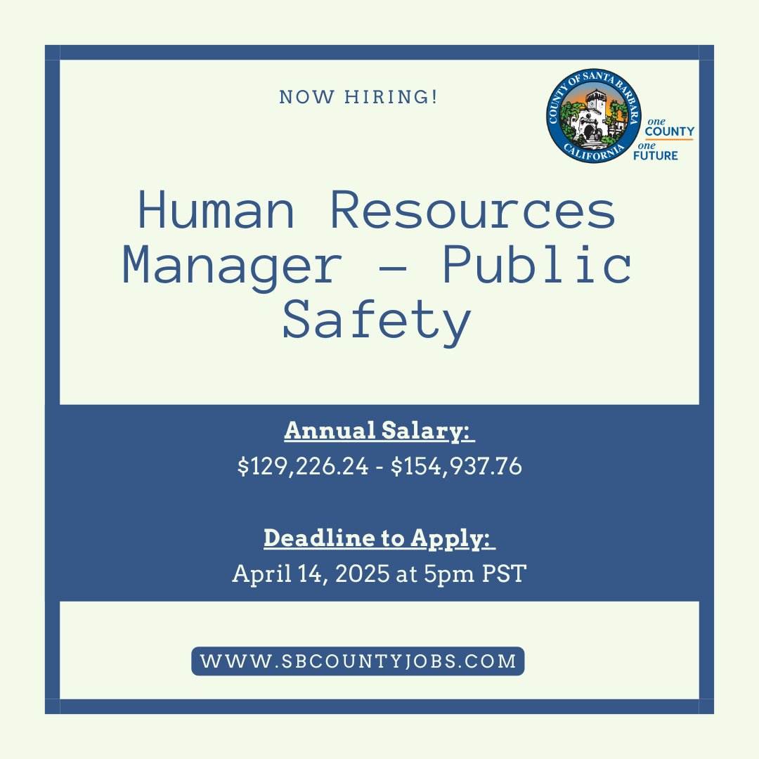 CountySBCareers's tweet image. The County of Santa Barbara is seeking 2 experienced human resource professionals to fill the Human Resources Manager positions within the Probation Department and Sheriff's Office. For more information, please visit SbCountyJobs.com. The deadline to apply is 04/14/2025.