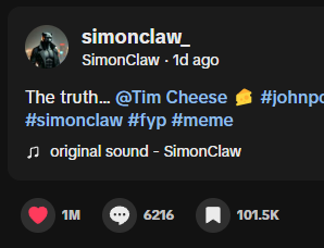 simon_claw's tweet photo. Over 1 Million likes now on tiktok

thank you champs https://t.co/u76gqOxW2O