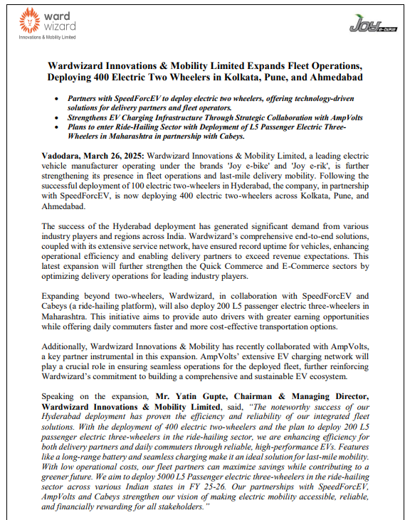 vluxeinvests's tweet photo. โก Wardwizard deploys 400 EV 2-wheelers, plans 200+ electric autos for ride-hailing ๐ต๐
๐๐ป Deployed 400 EVs in Kolkata, Pune & Ahmedabad with #SpeedForcEV
๐๐ป To deploy 200 L5 e-rickshaws in #Maharashtra with #Cabeys
๐๐ป Plans to scale to 5,000 L5 autos in FY25-26
๐๐ป Partnered with #AmpVolts to boost charging infra
๐๐ป Focus on last-mile delivery + ride-hailing ecosystem
#Wardwizard #JoyEBike #EVFleet #ElectricVehicles #LastMileMobility #ECommerce #RideHailing