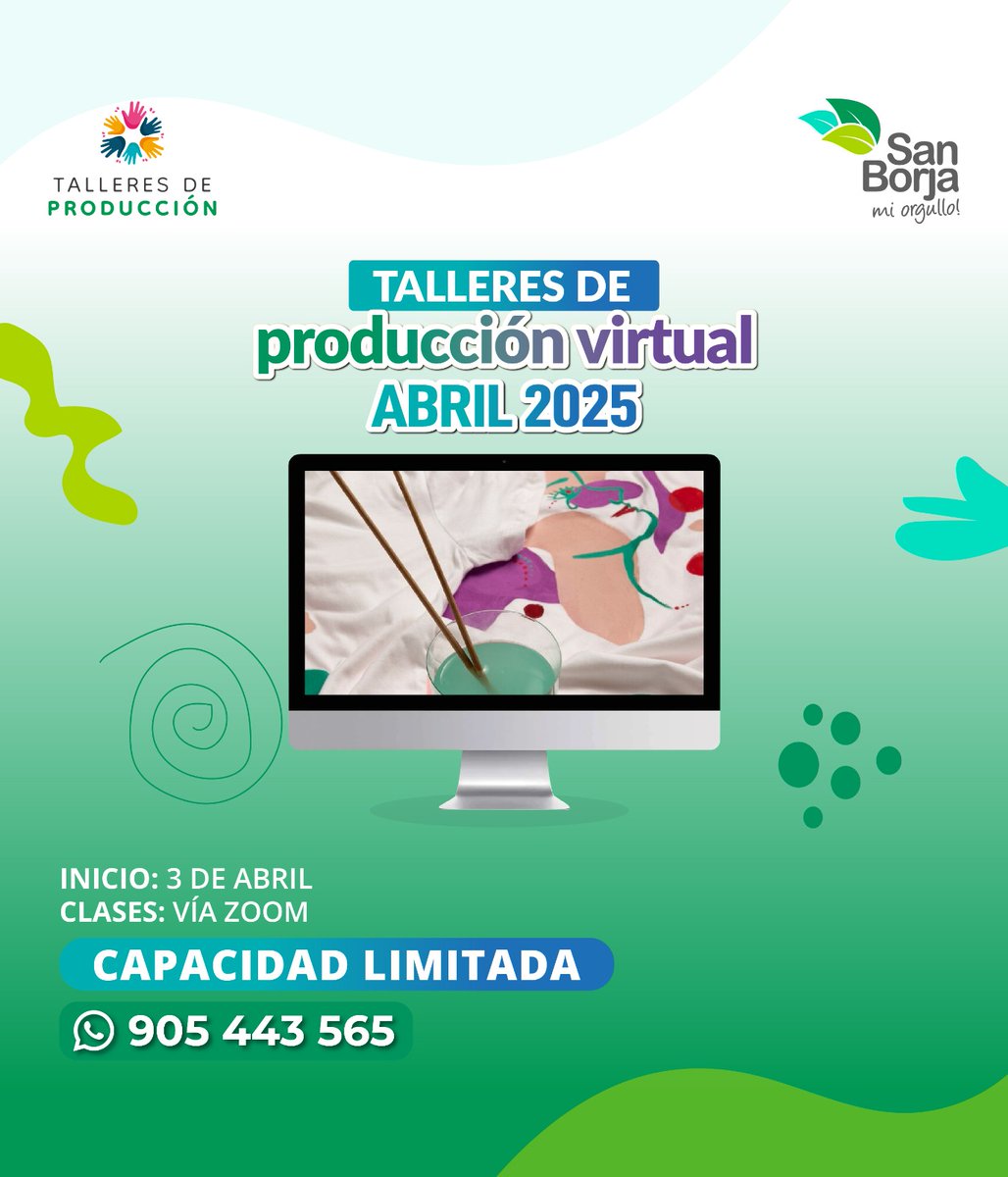MunideSanBorja's tweet image. ¡Talleres de producción #virtuales para ti! 💪✨

Conoce nuestros horarios e inscríbete desde el miércoles 26 de marzo en la Plataforma de Atención ubicada en la 📍Av. Joaquín Madrid 200. 

Para mayor información comunícate al 👉 6125555 anexo 276 o por whatsapp al 905443565