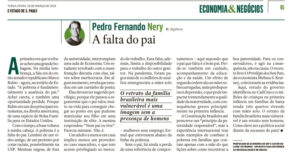 Como sempre, genial <a href="/pfnery/">Pedro Fernando Nery</a>:

Como deve ser a política social diante da escassez de pais?  

Coloca o problema sem cair no conservadorismo moralista.