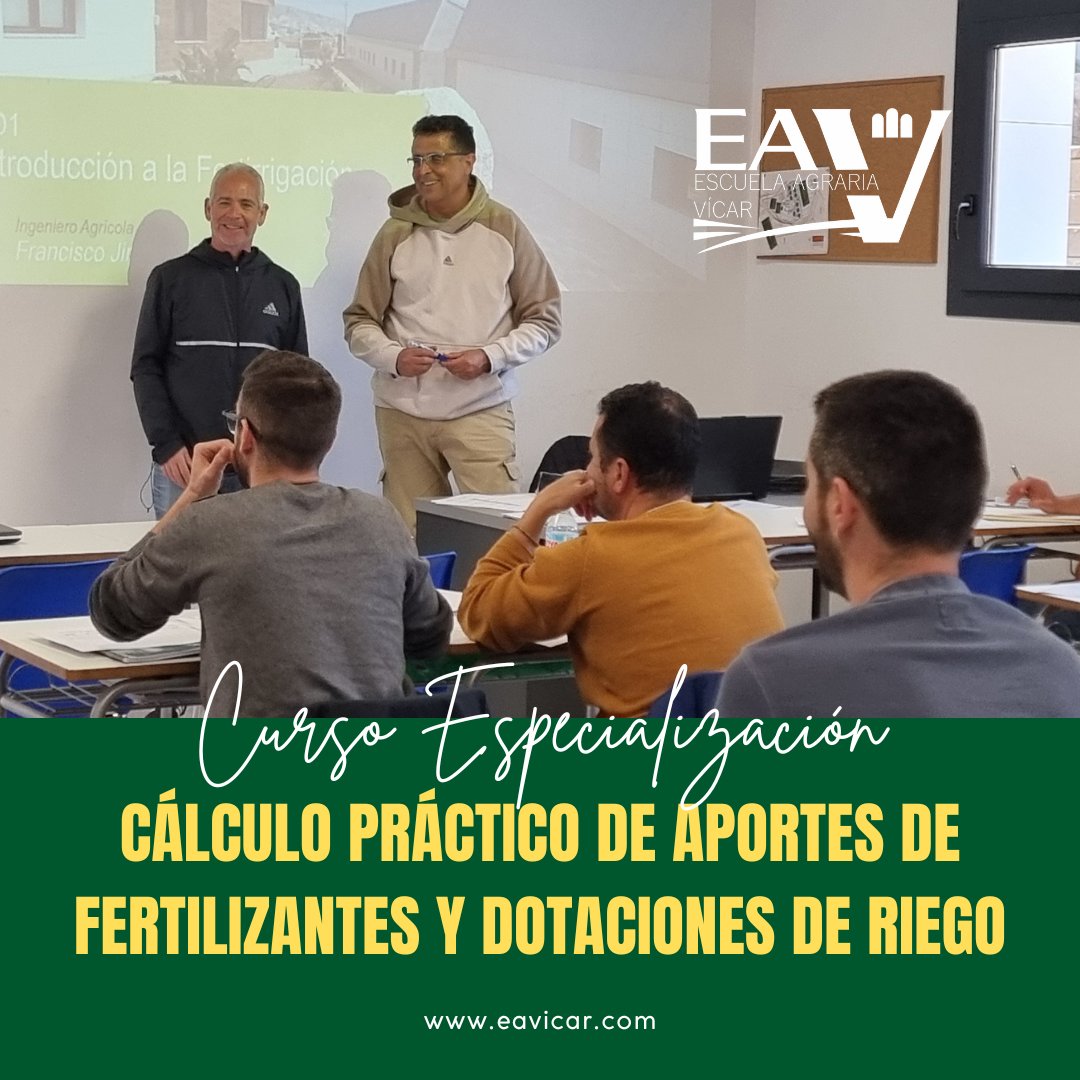 Cursos especializados en Escuela Agraria Vícar. Comienza la 8ª edición de Fertirrigación en Cultivos hortícolas, impartido por🥇 Alfonso Moreno y 🥇 Francisco Jiménez. Dos excelentes 👌 asesores.⠀⠀
#curso #fertirrigación #cultivoshortícolas #fp #formación #agricultura #eavicar