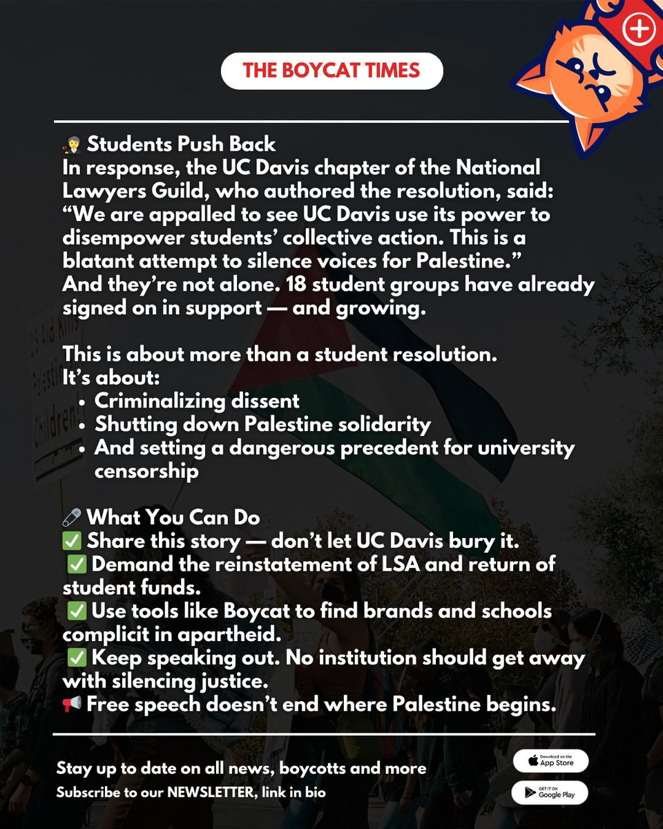 boycatapp's tweet photo. This is a direct attack on free speech, student power, and Palestine solidarity.
Universities are cracking down — we have to push back.
#UCFail #FreePalestine #BoycottIsrael #BDSworks #BoycatJustice https://t.co/3b9D0WSogR