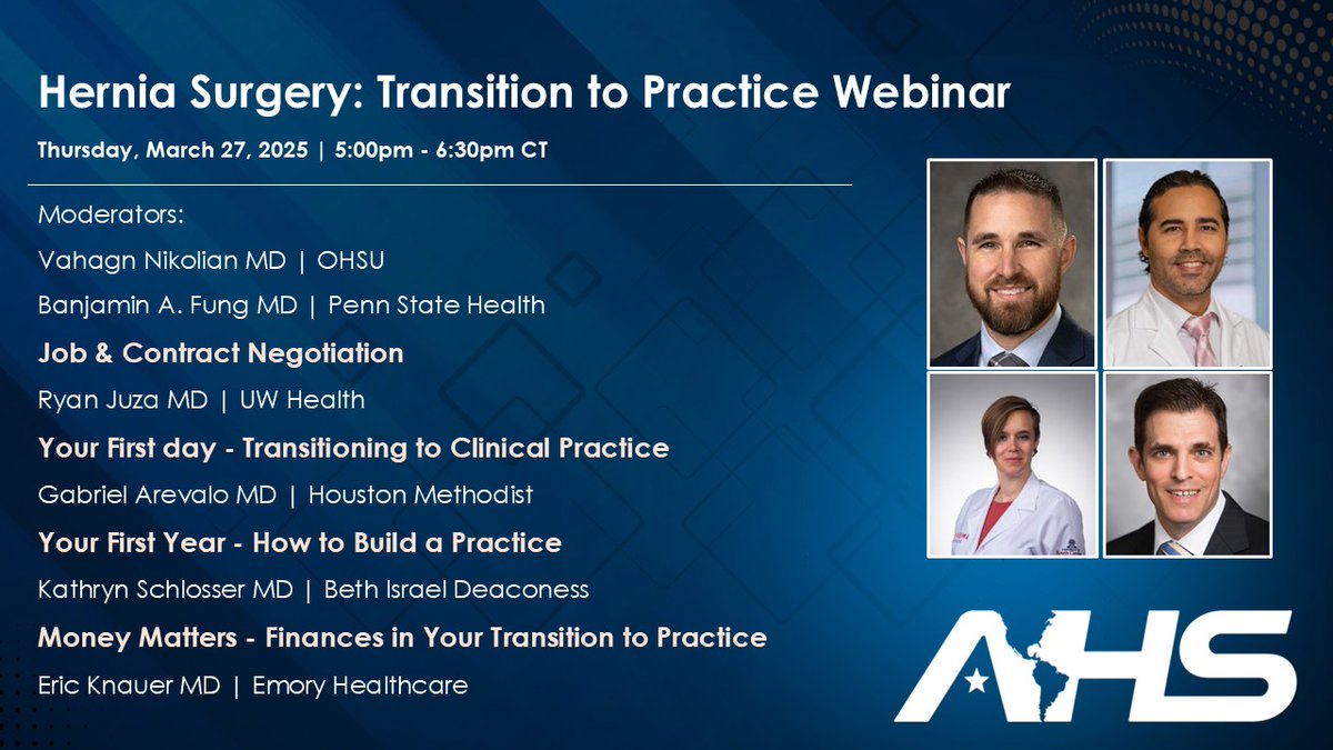 American Hernia Society (@americanhernia) on Twitter photo Join us tomorrow for the Hernia Surgery: Transition to Practice Webinar!
Webinar Registration: tinyurl.com/yh3yr3hc
<a href="/RyanJuza/">Ryan M Juza</a> <a href="/EricKnauerMD/">Eric Knauer</a> <a href="/KT_Schlosser/">Katie Schlosser</a> <a href="/VNikolian/">Vahagn C. Nikolian, MD</a> <a href="/benscfung/">Ben Fung</a> Join us tomorrow for the Hernia Surgery: Transition to Practice Webinar!
Webinar Registration: tinyurl.com/yh3yr3hc
<a href="/RyanJuza/">Ryan M Juza</a> <a href="/EricKnauerMD/">Eric Knauer</a> <a href="/KT_Schlosser/">Katie Schlosser</a> <a href="/VNikolian/">Vahagn C. Nikolian, MD</a> <a href="/benscfung/">Ben Fung</a>
