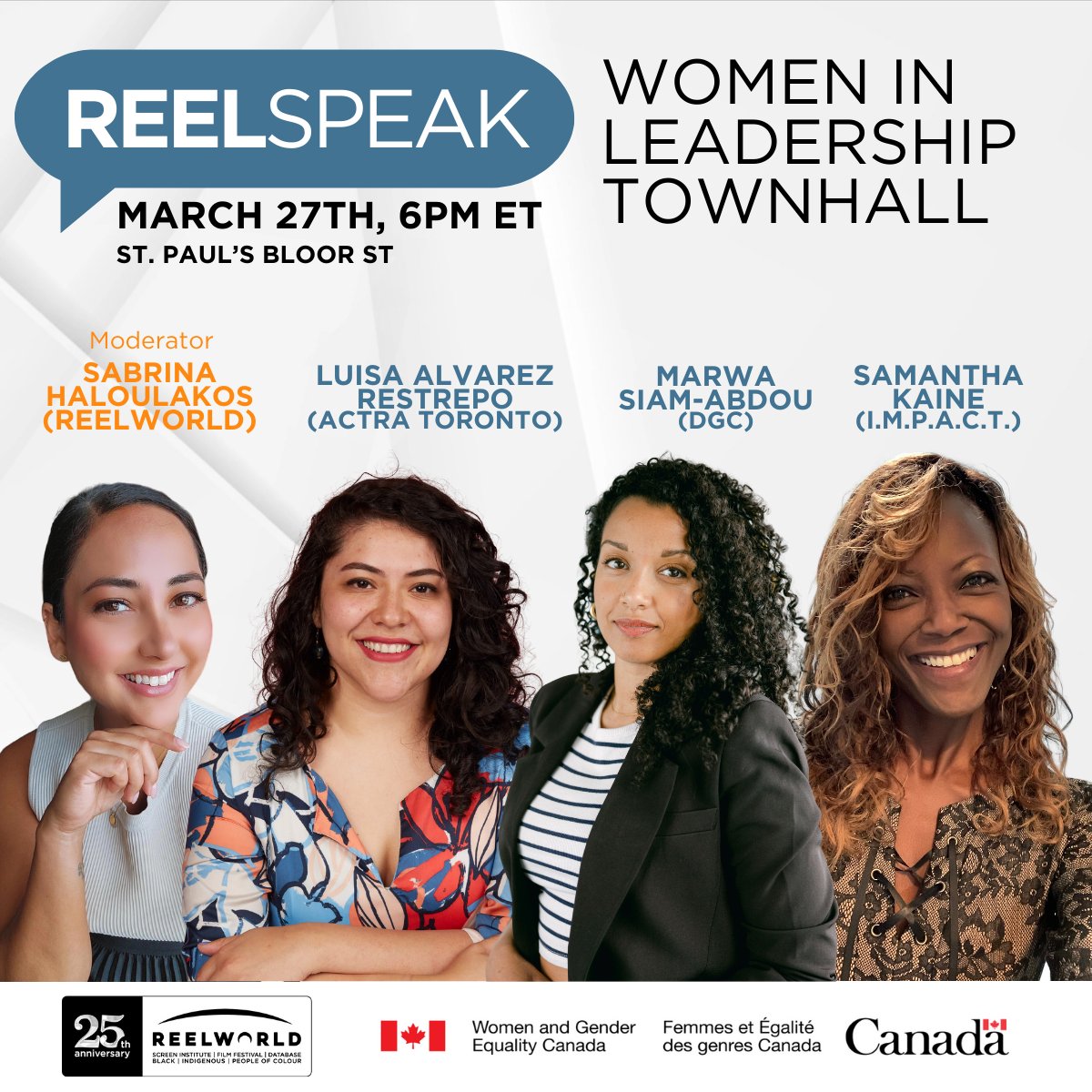 Join us tomorrow at 6 PM at St. Paul’s Bloor St. for the Women in Leadership Townhall! We’re launching Reelworld Reframe: Women in Leadership to support Indigenous and racialized women in the Canadian screen industry. Open to Women of Colour.

RSVP at l8r.it/Id83