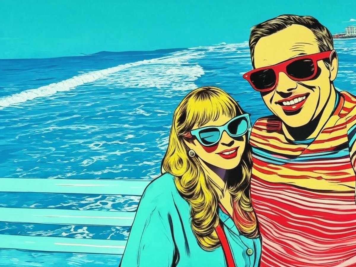 wouter_lombard's tweet photo. Wow!  Had to reverse engineer a prompt , so got similar results with the following:  “Transform the photo into a pop art style image with bold, high-contrast colors, simplified shapes, and a graphic, cartoon-like effect. Use a limited color palette with vibrant, saturated hues such as bright reds, yellows, blues, and greens. Include techniques like halftone dots or thick black outlines to emphasize the subjects and background. Apply the pop art style to both the subjects in the foreground and the background scenery, ensuring that all elements are rendered with exaggerated colors and simplified details.”