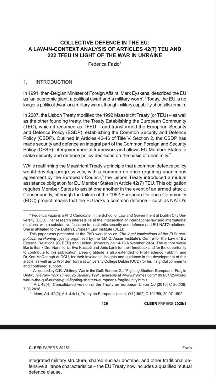 Federica Fazio (@fedefaziof) on Twitter photo Excited to see my paper ‘Collective defence in the EU: A law-in-context analysis of Articles 42(7) TEU and 222 TFEU in light of the war in Ukraine’ which I presented last November, published in the <a href="/TMCAsser/">T.M.C. Asser Instituut</a>’s CLEER Papers series. You can read it here 👉🏻 asser.nl/cleer/publicat… Excited to see my paper ‘Collective defence in the EU: A law-in-context analysis of Articles 42(7) TEU and 222 TFEU in light of the war in Ukraine’ which I presented last November, published in the <a href="/TMCAsser/">T.M.C. Asser Instituut</a>’s CLEER Papers series. You can read it here 👉🏻 asser.nl/cleer/publicat…