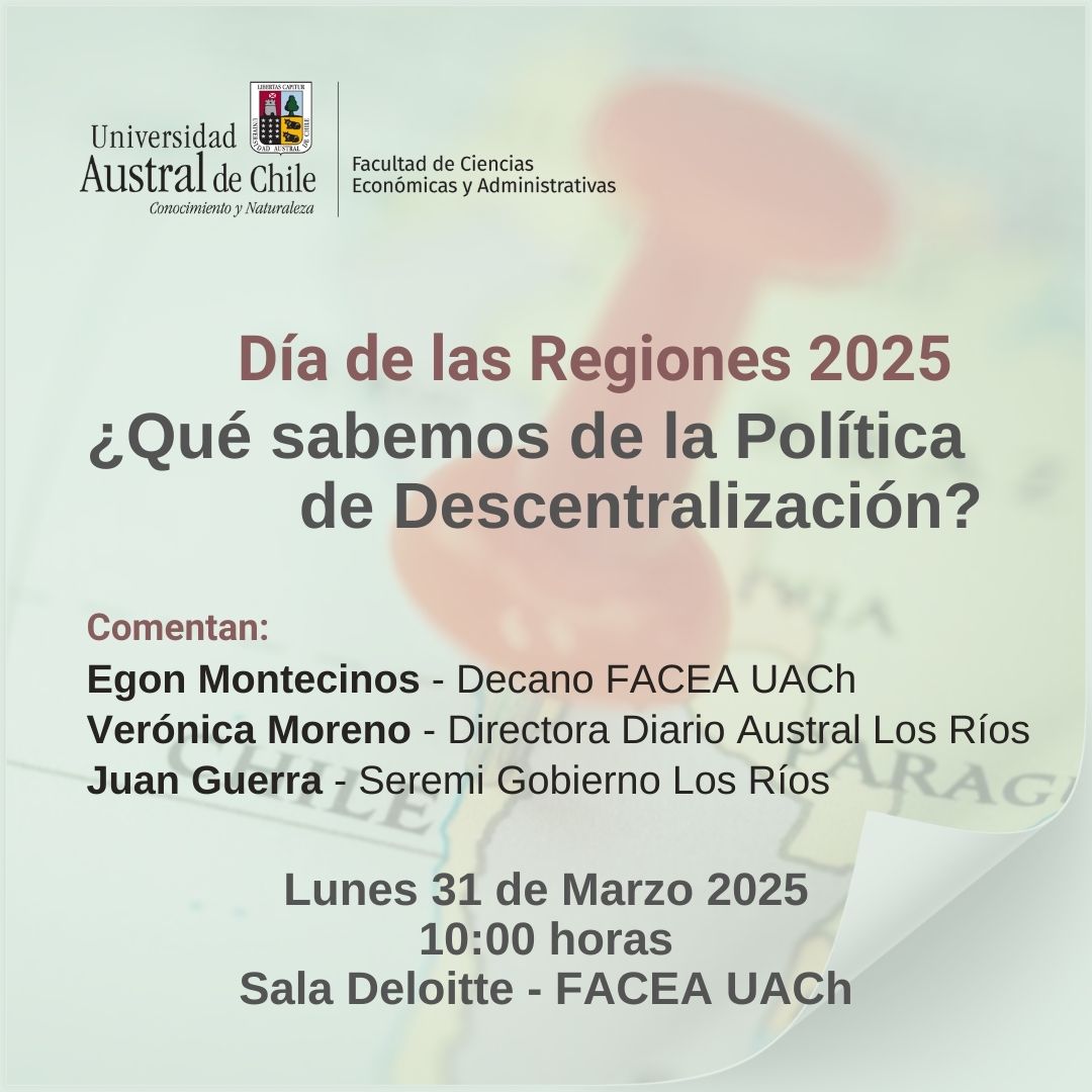 Facea UACh (@faceauach) on Twitter photo El lunes 31 de marzo se conmemora el #DíaDeLasRegiones y les invitamos a conversar sobre la Política de Descentralización y los desafíos a 18 años de la creación de la Región de Los Ríos. Nos vemos en la Sala Deloitte de FACEA <a href="/UAustraldeChile/">Universidad Austral de Chile</a> a partir de las 10 AM #ValdiviaCL El lunes 31 de marzo se conmemora el #DíaDeLasRegiones y les invitamos a conversar sobre la Política de Descentralización y los desafíos a 18 años de la creación de la Región de Los Ríos. Nos vemos en la Sala Deloitte de FACEA <a href="/UAustraldeChile/">Universidad Austral de Chile</a> a partir de las 10 AM #ValdiviaCL