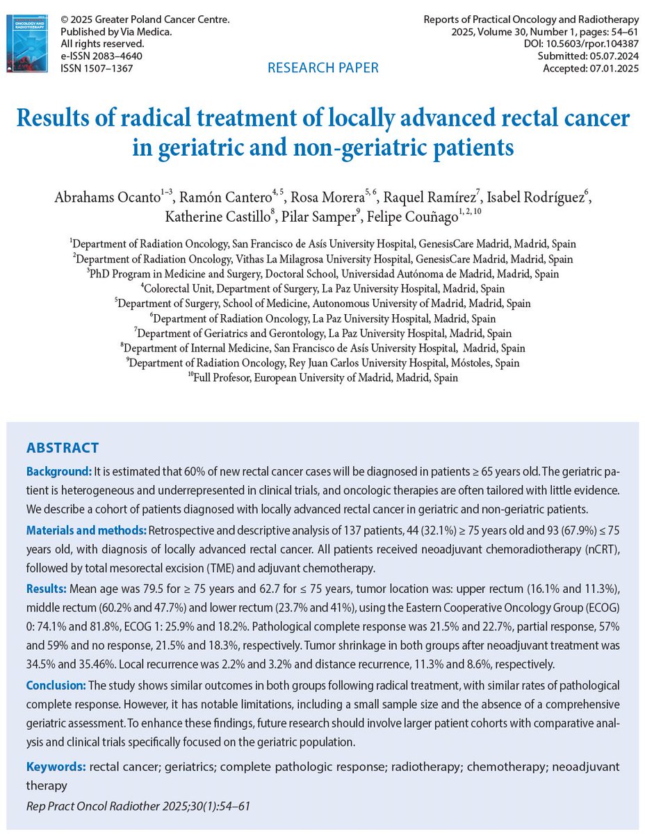 📢 Radical treatment of locally advanced rectal cancer in geriatric and non-geriatric patients. 

‼️ Similar outcomes in both groups: age should not be a limiting factor. 

🔬 Thanks to the authors for their contribution.

journals.viamedica.pl/rpor/article/v…

#radonc