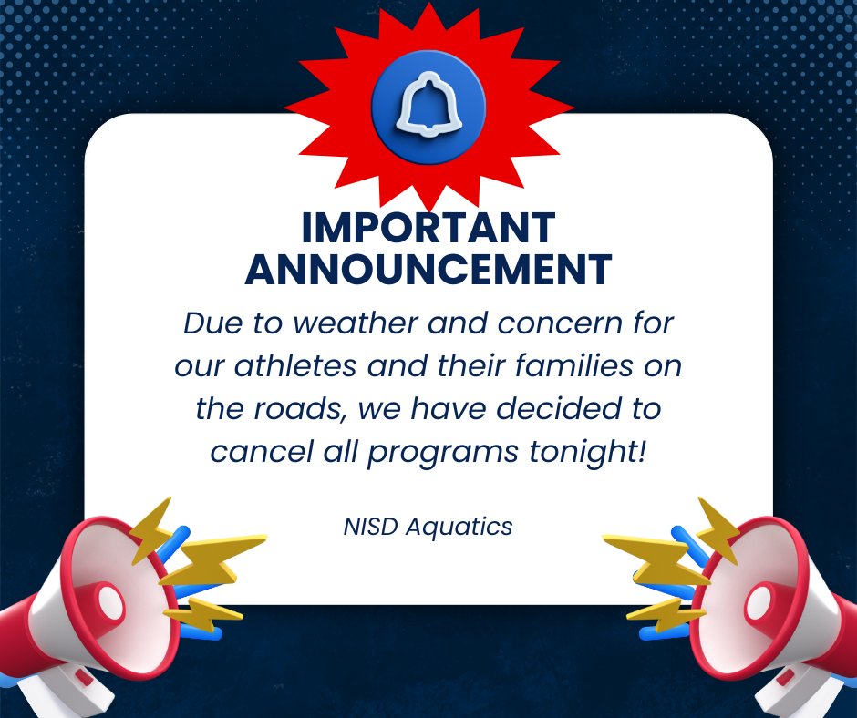 Aquatic Families - we cancelled all programs tonight. Due to weather &amp; safety, all aquatic activities @ George Block Aquatic Center &amp; @ 1604 Aquatic Center are cancelled.
Swim Lesson, AquaJet, AAAA-NS Club Swim, AquaBat Dive Lesson, NSDA Club Dive, Club WaterPolo; all cancelled.