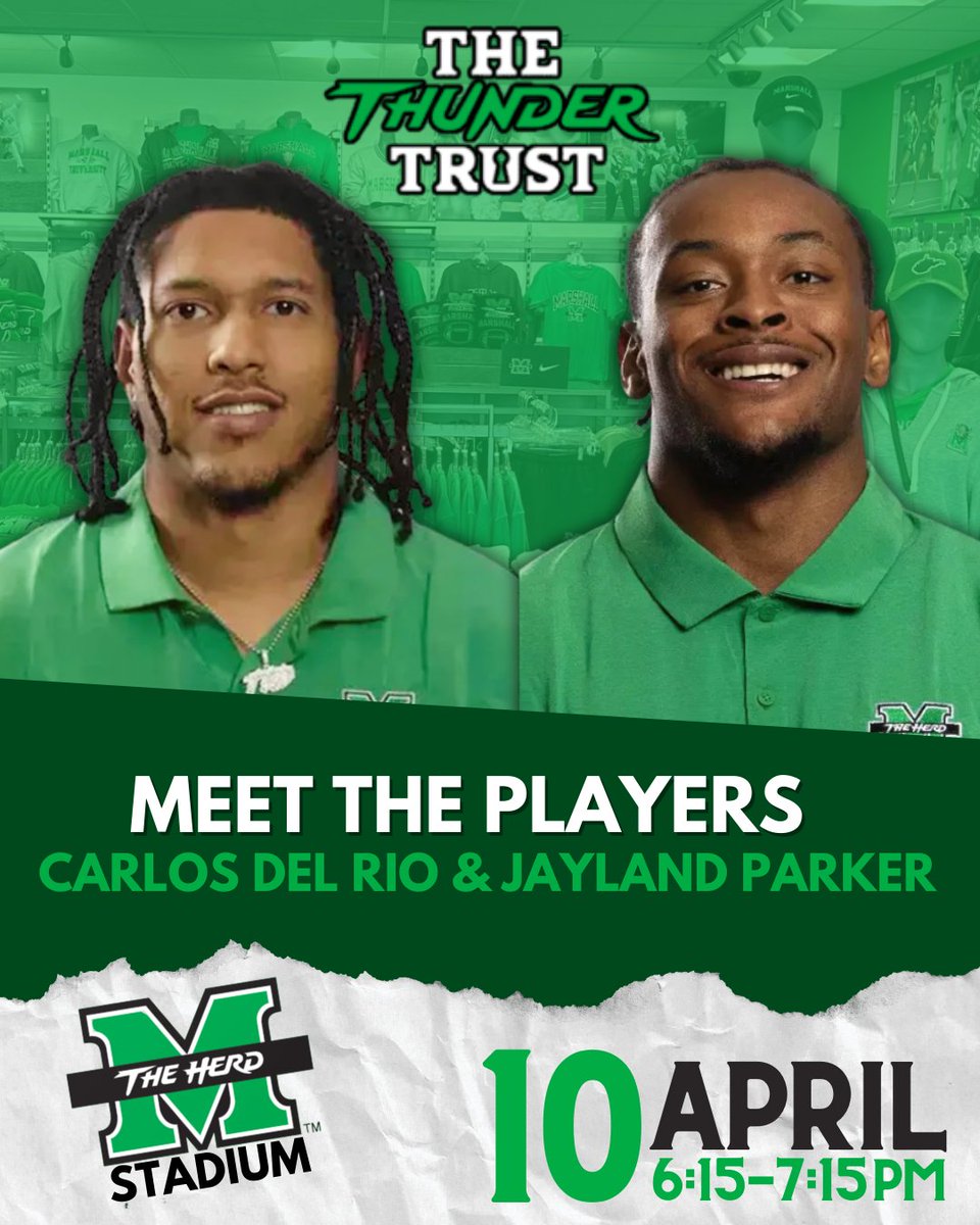 Marshall fans, it’s time to gear up for the Spring Game! 🏈💚 
Grab some gear &amp; an autograph from Marshall FB players Carlos Del Rio &amp; Jayland Parker to get ready for kickoff!
📍 Location: Herd Zone Stadium Store
📅 4/10⏰ 6:15PM -7:15PM
Tag your friends and let’s pack the store!