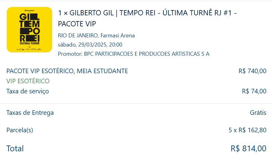 cooldomundo's tweet photo. Vendo ingresso VIP turnê Gilberto Gil Rj 29/03 preço que paguei https://t.co/qIzYIJHI1f