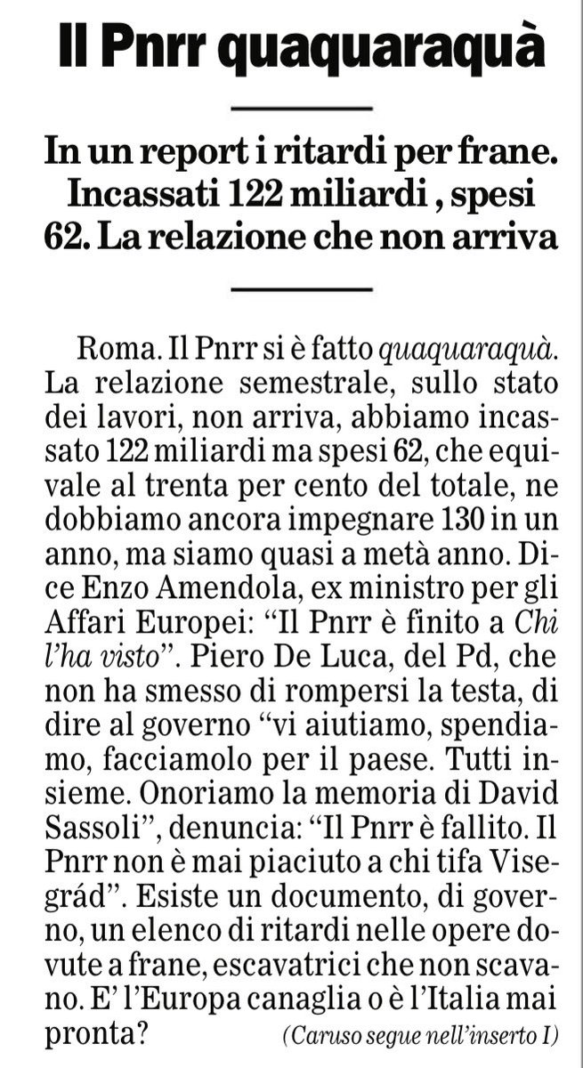 Su <a href="/ilfoglio_it/">Il Foglio</a> di oggi un articolo di critica l’andamento del #Pnrr in Italia 🇮🇹