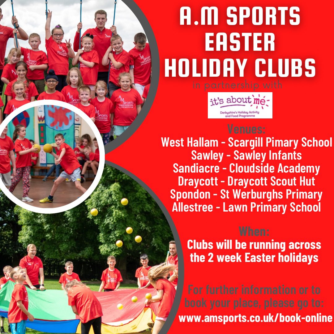 Spaces still available over both weeks at our Easter clubs. Head over to our website to book. 

amsports.co.uk/book-online 

We have frozen our early bird offer until Friday 4th April. 

We also have limited HAF spaces available.
