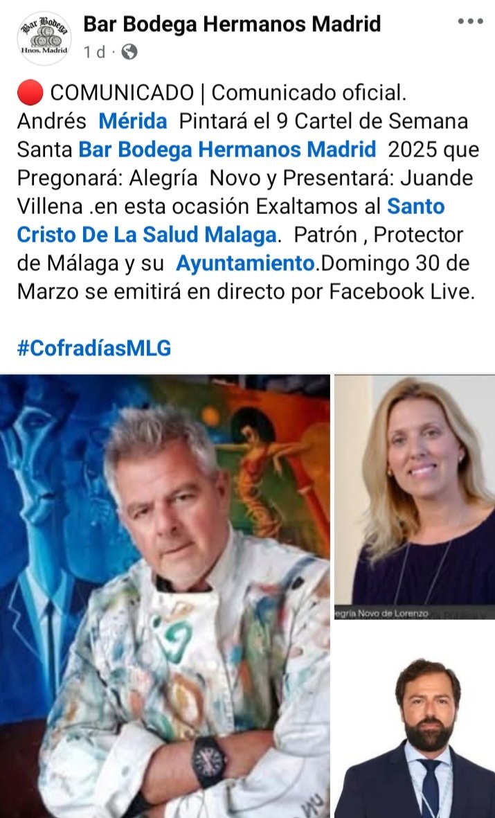 🔴 COMUNICADO | Comunicado oficial. Andrés  Mérida  Pintará el 9 Cartel de Semana Santa Bar Bodega Hermanos Madrid  2025 que Pregonará: Alegría  Novo y Presentará: Juande Villena .en esta ocasión Exaltamos al Santo Cristo De La Salud Malaga.  Patrón , Protector de Málaga