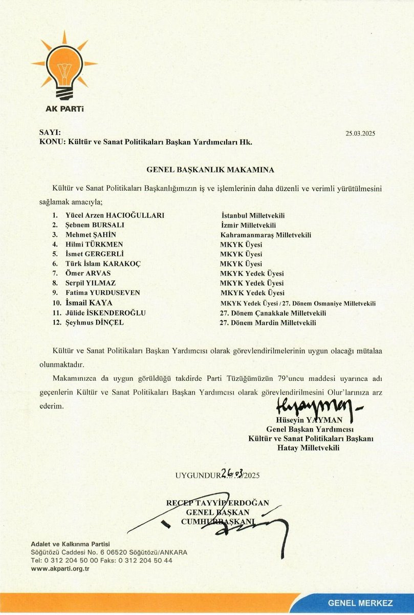 Cumhurbaşkanımız ve Genel Başkanımız Sayın <a href="/RTErdogan/">Recep Tayyip Erdoğan</a>’ın tensipleri,  Genel Başkan Yardımcımız, Kültür ve Sanat Politikaları Başkanımız Sayın <a href="/HuseyinYayman/">Hüseyin Yayman🇹🇷</a>’ın görevlendirmesiyle, Kültür ve Sanat Politikaları Başkan Yardımcıları belirlendi. ++