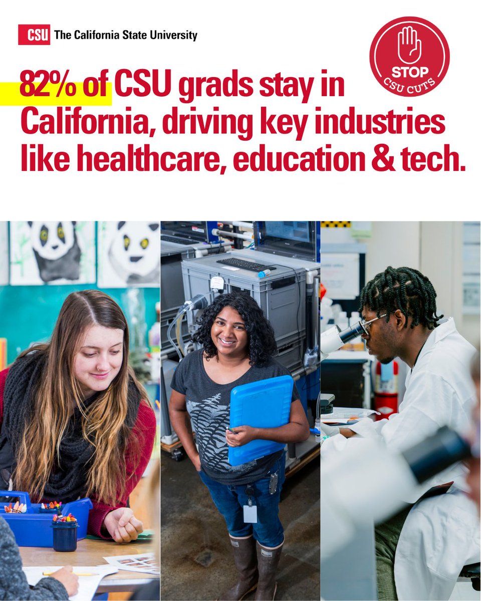 calstate's tweet image. The CSU faces a devastating $375M budget cut in Gov. Newsom’s 2025-26 proposal—an 8% hit to state funding. #stopCSUcuts 

82% of #CalState grads stay in CA, driving our economy. Cuts hurt students, especially first-gen &amp;amp; students of color: calstate.edu/csu-system/new… #CSUforCA