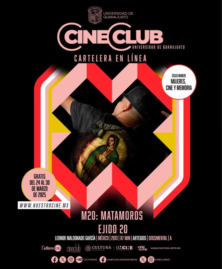 Esta semana, en la cartelera en línea <a href="/cineclubug/">Cine Club UG</a> en <a href="/nuestrocinemx/">Nuestro Cine MX</a>, podrás ver de manera gratuita dos documentales mexicanos: 'Tratado de invisibilidad' de Luciana Kaplan y 'M20: Matamoros Ejido 20' de Leonor Maldonado García. ✨ 

¡Tienes hasta el 30 de marzo para verlos! 📽️🎞️