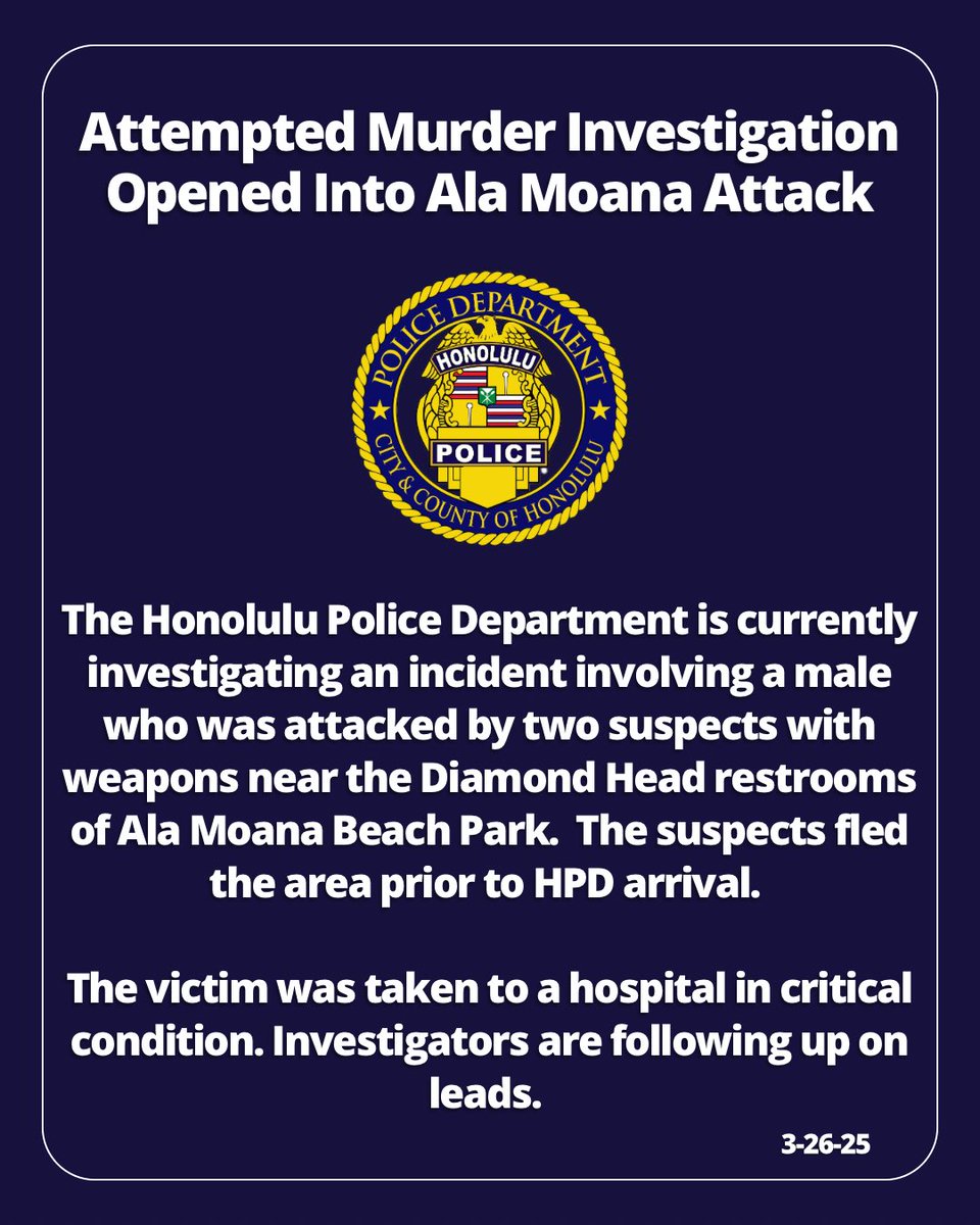 honolulupolice's tweet photo. Attempted Murder Investigation Opened Into Ala Moana Attack

#honolulupd #cchnl https://t.co/lNzkdeGorE
