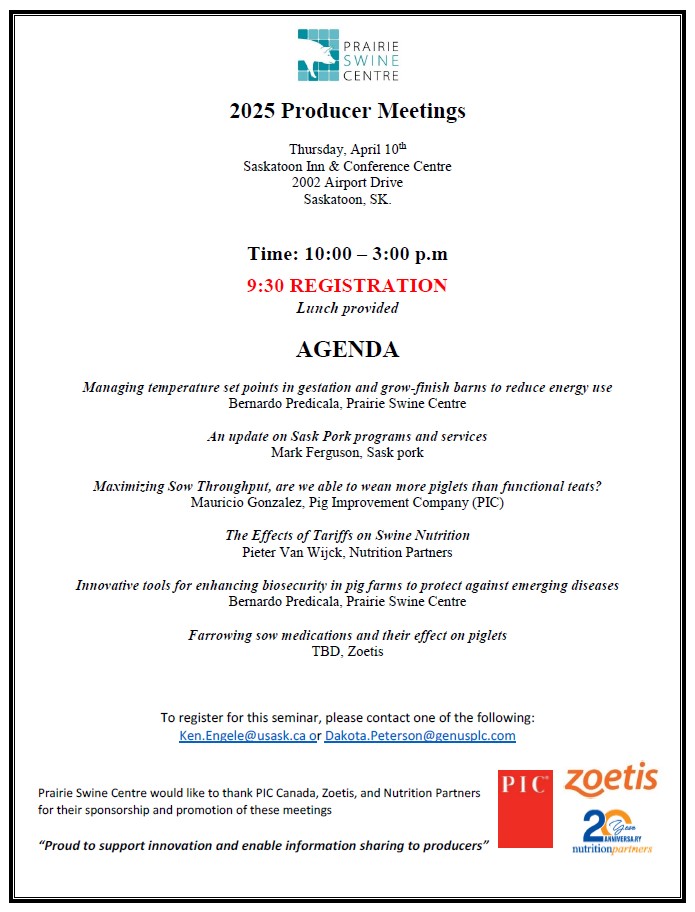 Below is the full agenda and registration information for the PSC producer meeting in Saskatoon on April 10. Don't miss this opportunity to learn from the experts and to catch up with other producers. Register now!  

#knowledgetransfer #porkindustry