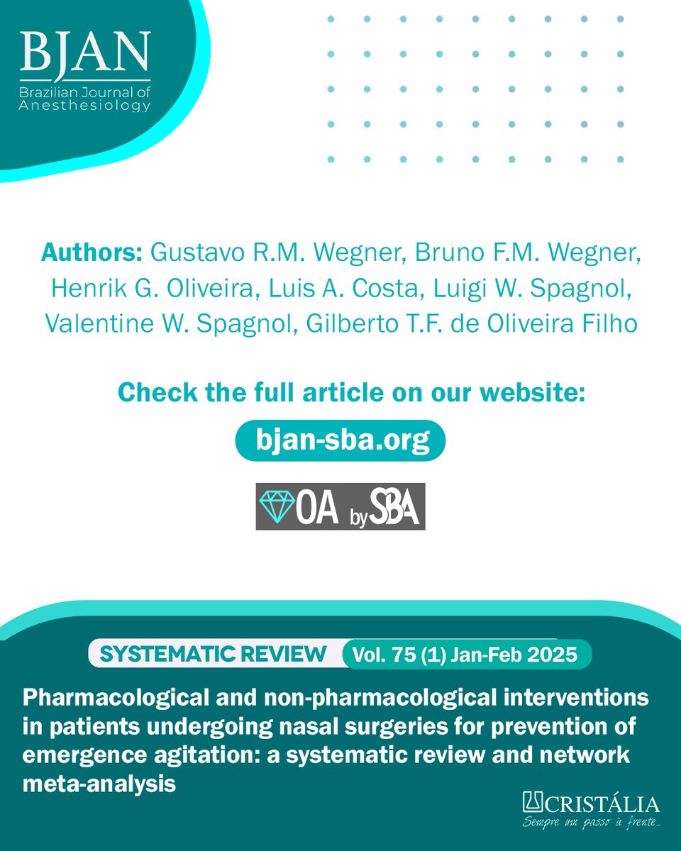 📚✨  This study aimed to analyse and differentiate the various explored interventions and their efficacy in patients undergoing nasal surgeries, for prevention of emergence agitation.

📌 Check out the complete results: bit.ly/EANASAL

#joinBJAN #citeBJAN #SBA