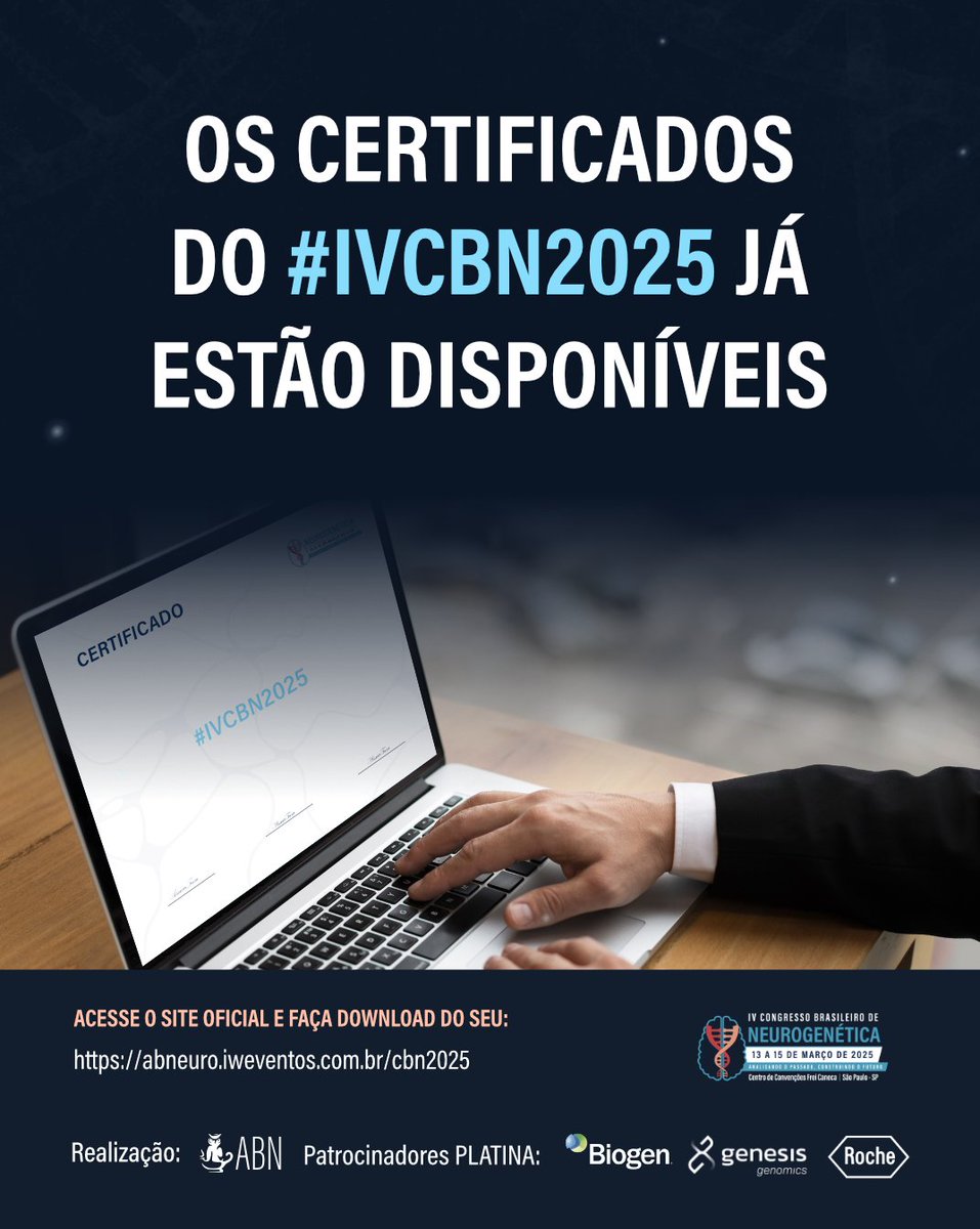 abneuro_'s tweet image. Certificados disponíveis! 📄🧠
Se você participou do IV Congresso Brasileiro de Neurogenética, já pode acessar o site oficial do evento e baixar seu certificado de participação!
👉 abneuro.iweventos.com.br/cbn2025
#ivcbn2025 #neurogenética #ciência #neurologia