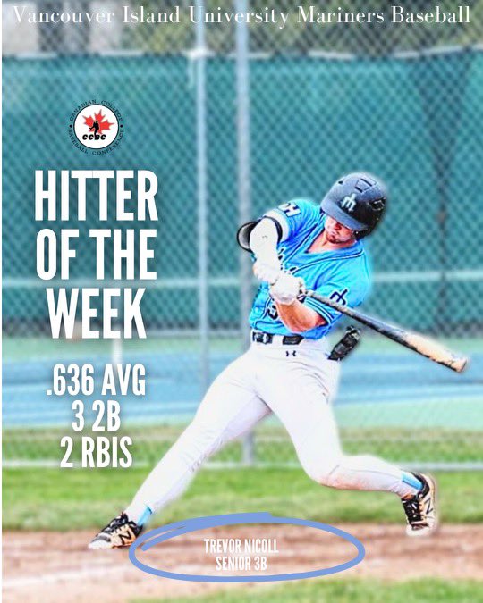 Canadian College Baseball Conference (CCBC) (@ccbaseballconf) on Twitter photo Congrats to the CCBC week 1 player and pitcher of the week. Tyler Nicoll went 6-11 for <a href="/VIUBaseball/">VIU Mariners</a> while Matthew Risdale of <a href="/ECHawksBaseball/">Edmonton Collegiate Hawks</a> went 7 shutout innings. Congrats to the CCBC week 1 player and pitcher of the week. Tyler Nicoll went 6-11 for <a href="/VIUBaseball/">VIU Mariners</a> while Matthew Risdale of <a href="/ECHawksBaseball/">Edmonton Collegiate Hawks</a> went 7 shutout innings.