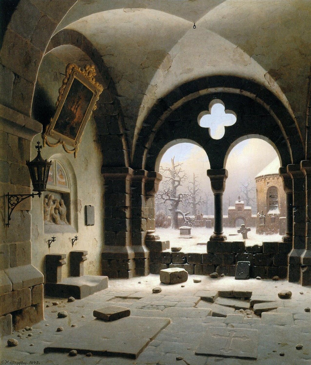 artenpedia's tweet image. Verfallene Kapelle / Chapel Ruin (1845, Oil on canvas) - Carl Hasenpflug