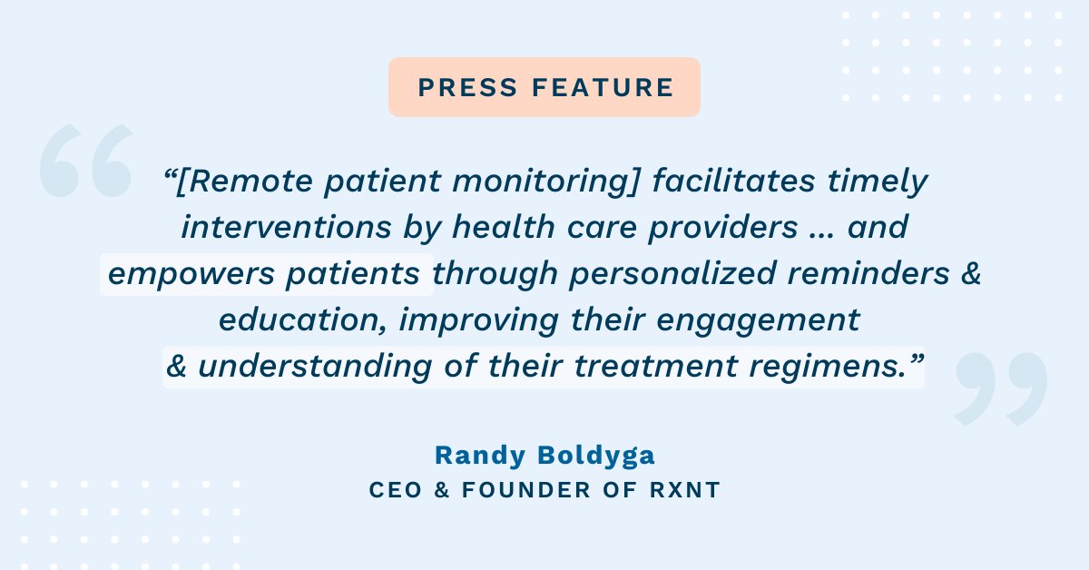 RXNT (@rxnthealth) on Twitter photo Randy Boldyga, CEO & Founder of RXNT, recently spoke with <a href="/TodaysGeriMed/">Todays Geriatric Medicine</a> to discuss the benefits of remote patient monitoring—including timely interventions, medication adherence, personalized reminders, and more.
rxn.to/43tG4gw Randy Boldyga, CEO & Founder of RXNT, recently spoke with <a href="/TodaysGeriMed/">Todays Geriatric Medicine</a> to discuss the benefits of remote patient monitoring—including timely interventions, medication adherence, personalized reminders, and more.
rxn.to/43tG4gw