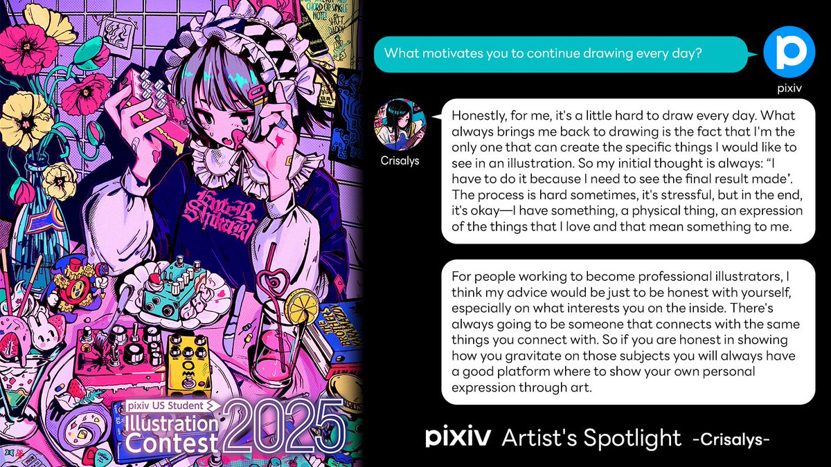 🔦Artist's Spotlight🔦
Already the final part with Crisalys (<a href="/Criisalys/">crisalys✨</a>)?! 😢

What keeps her drawing? 

“Because I want to see the things I love come to life.” 

Her advice for aspiring artists? 🌍✨

#pixiv #illustrationcontest #US