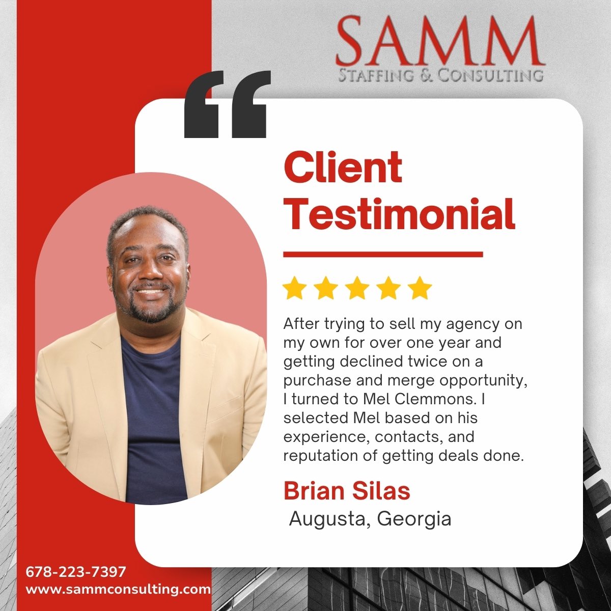 SAMM Staffing and Consulting has sold over 1 billion in agency sales goto Sammconsulting.com to start your new business